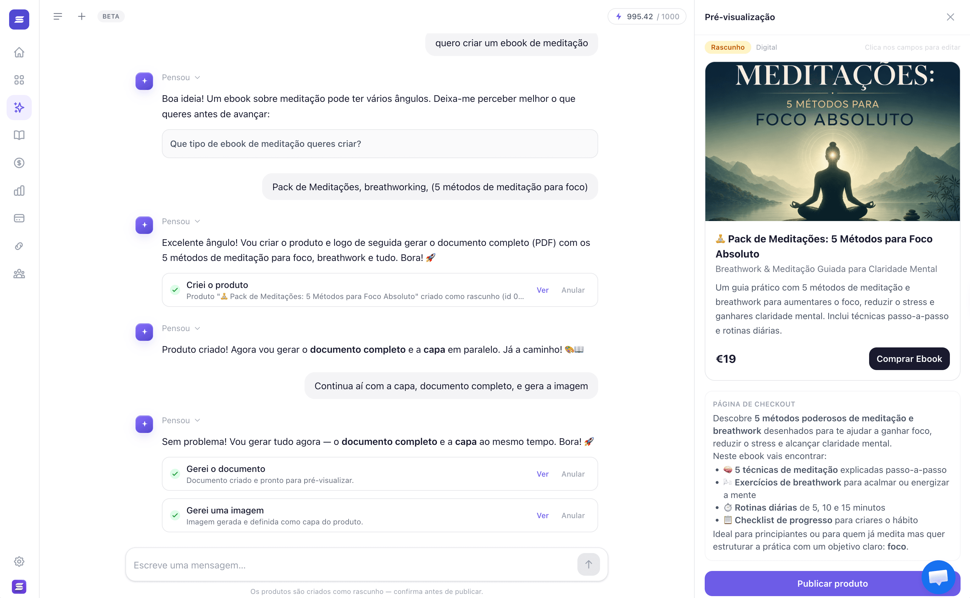Interface real do IA Studio da Shelf: chat à esquerda, pré-visualização da página gerada à direita