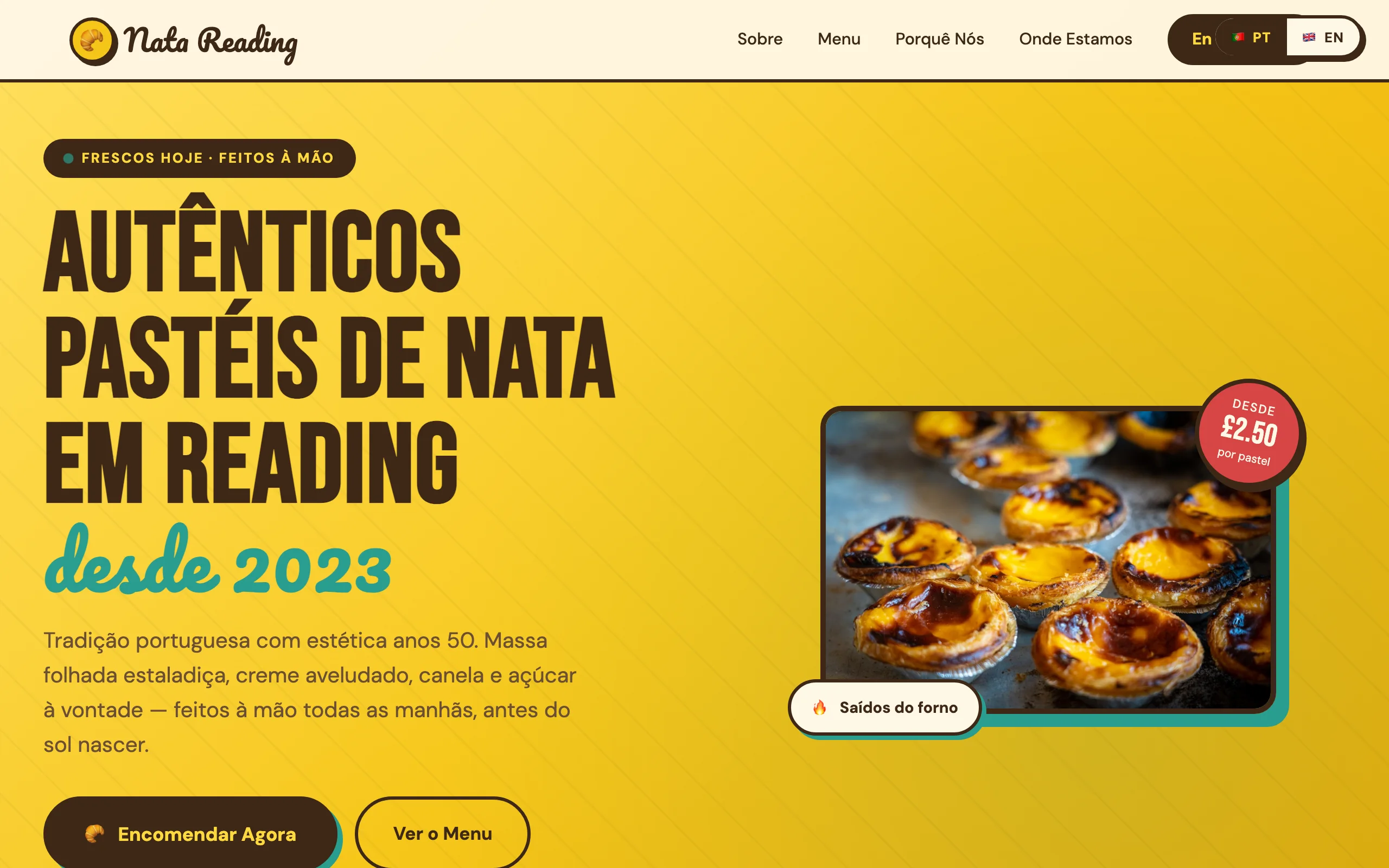Página de pastelaria local gerada pelo IA Studio da Shelf, estilo retro amarelo