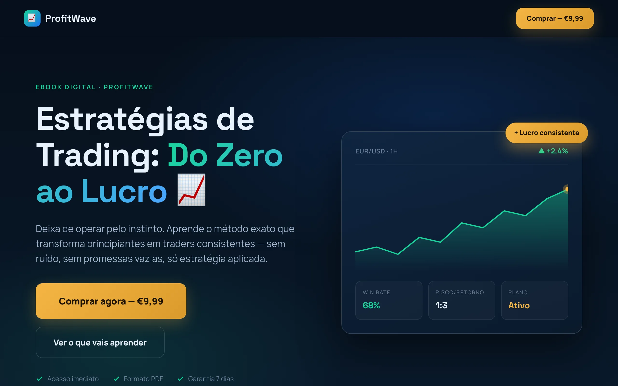 Página de vendas de ebook de trading gerada pelo IA Studio da Shelf, estilo dark fintech