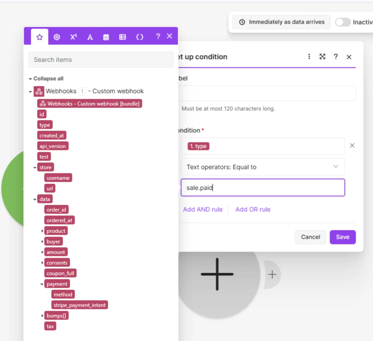 No Make, a lista de campos que chegam da Shelf (type, test, store, data com product, buyer, amount, payment) e o filtro com type igual a sale.paid