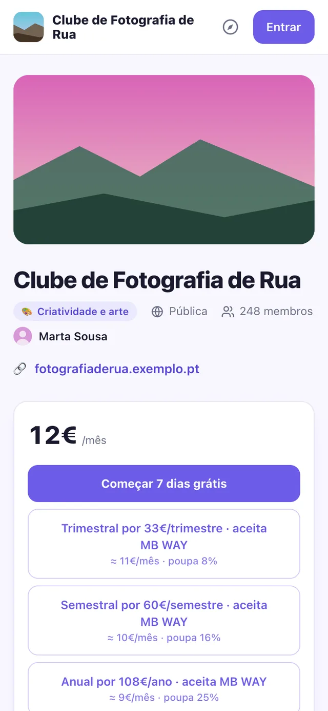 Página de uma comunidade na Shelf com preço mensal de 12 €, período grátis de 7 dias e passes trimestral, semestral e anual que aceitam MB WAY