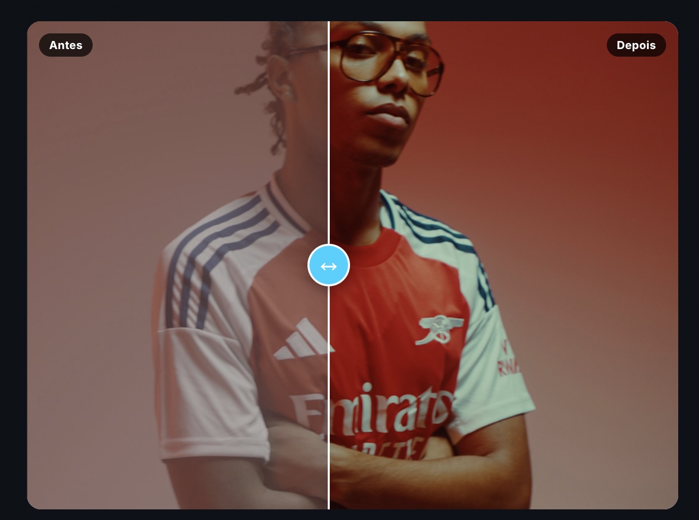 Bloco Antes/Depois num produto: cursor deslizante a comparar a foto original com a foto editada