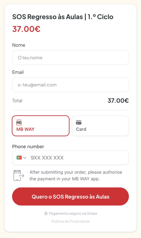 Checkout num só passo com MB WAY e cartão visíveis, número de telemóvel e botão de compra