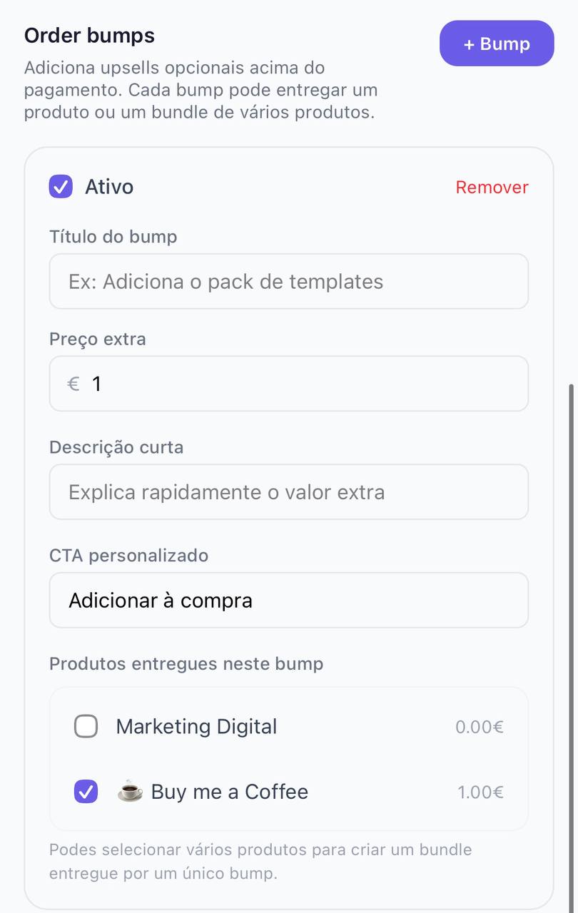 Configuração de order bumps no dashboard Shelf