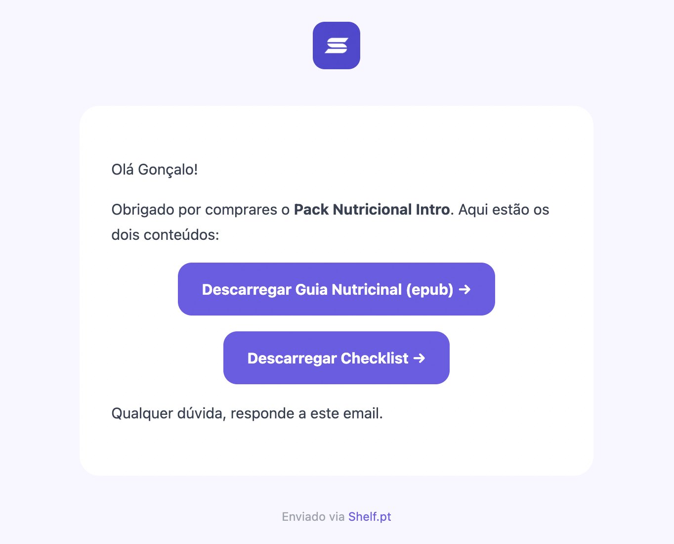 Email de compra com um botão de download para cada ficheiro