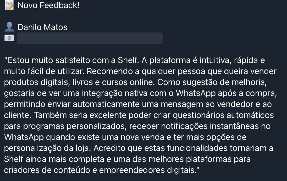 Screenshot do feedback do Danilo Matos sobre a Shelf